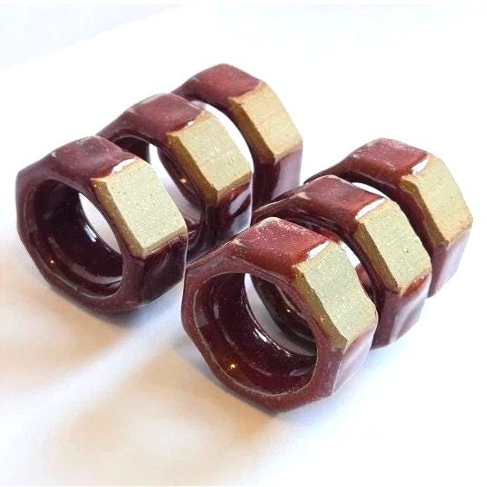 Set of 6 Unique Ceramic Napkin Rings, Burgundy & Beige, Table‎ Decor
